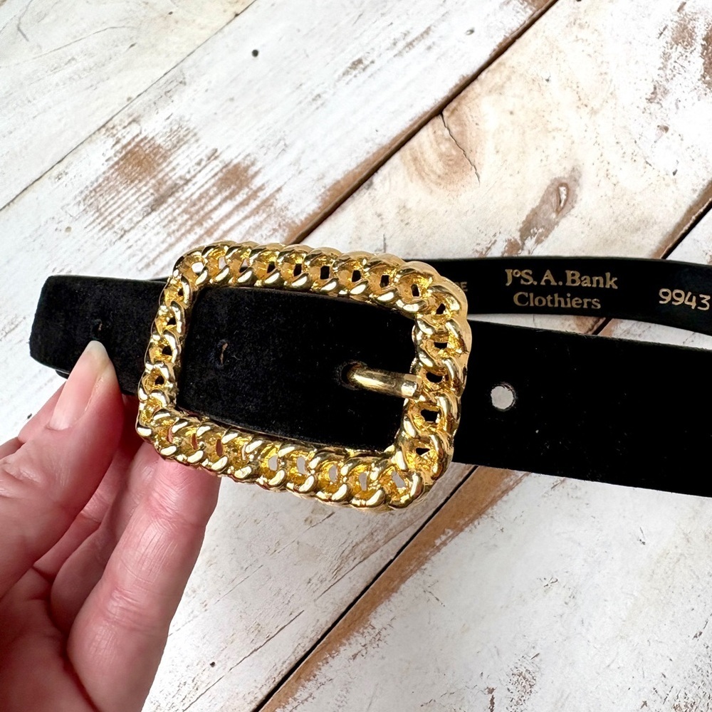 Jos A. Banks black sueded leather belt gold tone chain buckle statement sz S EUC